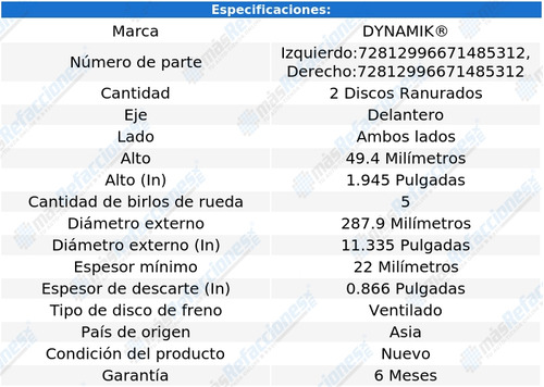 Par De Discos Ranurados Del Rabbit L4 1.8l 06-07 Dynamik Foto 2