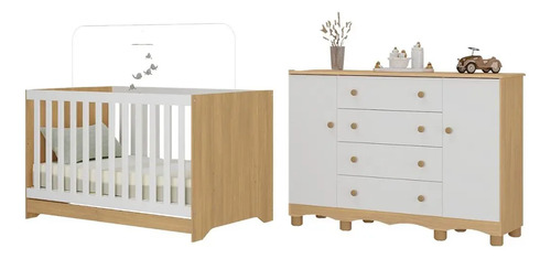 Berço Americano 3 Em 1 Com Cômoda 2 Portas 4 Gavetas Dengo Multimóveis Mp4694 Madeirado/branco