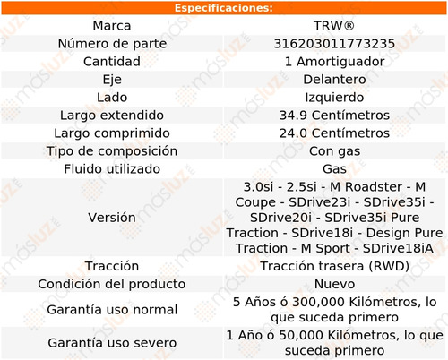 1- Amortiguador Gas Delantero Izquierdo Bmw Z4 2009/2015 Trw Foto 2