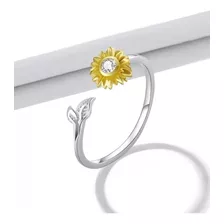 Anillo Girasol Ajustable, Plata 925 Chapado En Platino Y Oro