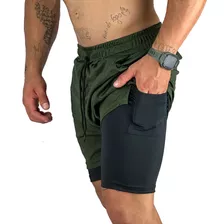 Shorts 2 Em 1 Dry Fit Com Bolso Para Celular Compressão