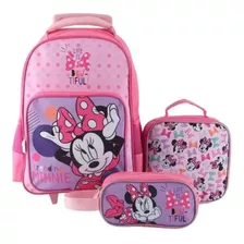 Mochila Escolar Con Ruedas Minnie Mouse + Lonchera + Estuche