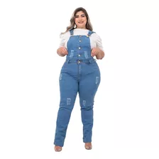 Jardineira Plus Size Feminina Jeans Com Botao E Lycra