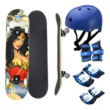 Kit Skate Liga Da Justiça Dc Comic Montado Capacete Proteção