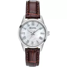 Reloj Bulova Classic Dress 96l271 Original Dama Color De La Correa Café Color Del Bisel Plateado Color Del Fondo Blanco