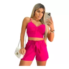 Conjunto Feminino Top Cropped E Short Moda Blogueira Verão