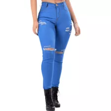 Calça Feminina Jeans Com Rasgos Lycra Cintura Alta Skinny 