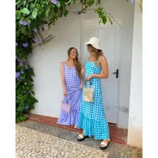 Vestido Feminino Longo Alcinha Ajustável Xadrez Lilas Verao