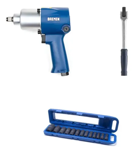 Kit Bremen: Llave Pistola Impacto Neumática 1/2 760nm Azul + Llave Fuerza 38cm + Juego Tubos Impacto 13 Pzs