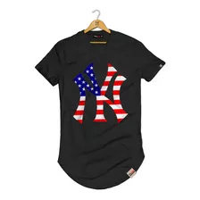 Camiseta Longline Ny Bandeira New York Blusa Manga Curta 