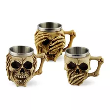 Conjunto 3 Canecas Decorativas Caveira Não Olhe Fale E Ouça Cor Marrom