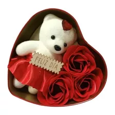 Mini Estuche Con Peluche De Oso Más Flores Artificiales