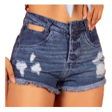 Short Jeans Escuro Curto Botões Frontal Bainha Vazado