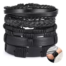 Conjunto Pulsera Brazalete Hombre 5 En 1 Cuero Negro Trenzad