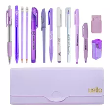 Kit Estojo Tons De Roxo Escolar Completo