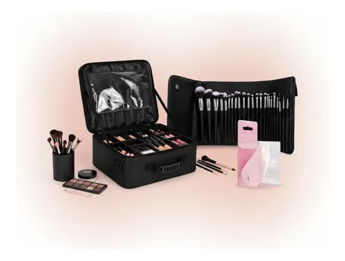 Kit True Makeup: Cosmetiquera Organizadora Multiusos + 24 Brochas Veganas + Esponja Difuminadora Rosa