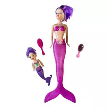 Boneca Infantil Sereia Mãe E Filha Acende Led Brinquedo Mar