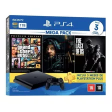 Sony Playstation 4 Slim 1tb Mega Pack: Grand Theft Auto V Premium Edition/death Stranding/the Last Of Us Remastered Cor Preto Onyx