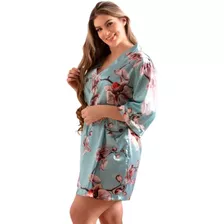 Robe Cetim Estampado Floral Feminino Elegance Manga 3/4