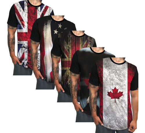 Kit 5 Camisetas Longline Estampa  De Bandeira Horizontte