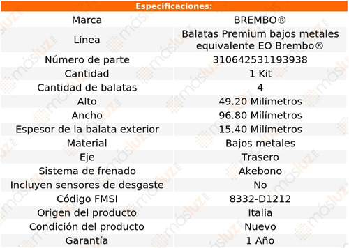 Balatas Bajos Metales Tra Toyota Rav4 06/18 Brembo Foto 4