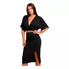 Conjunto Feminino Plus Size Croped Morcego Saia Midi Fenda 