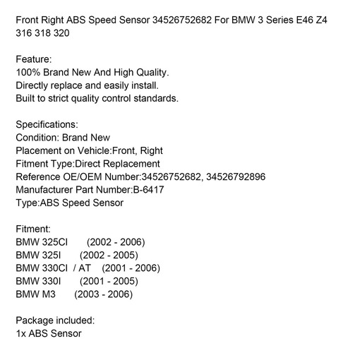Sensor Abs Delantero Derecho For Bmw Serie 3 E46 Z4 316 318 Foto 10