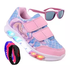 Kit Tênis Feminino Infantil De Led Sereia + Óculos E Relógio