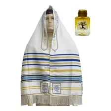 Talit Messiânico Nacional Azul Tzitzit + Óleo Israel Unção