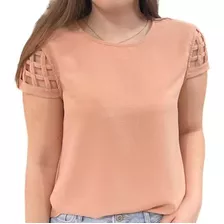 Blusa Feminina Crepe Manga Detalhes Plus Size Tam M Até G3