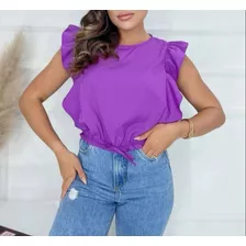 Blusa Cropped Tendência Elástico Na Cintura Cavado Babado