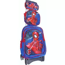 Morral Spiderman Grande Con Ruedas Kit 3 Lonchera Y Cartuche