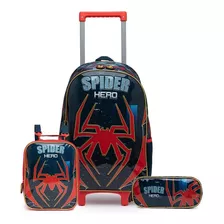 Mochila Carrinho Infantil Lancheira Térmica E Estojo Kids Cor Azul Spider