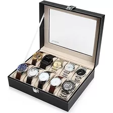 Readaeer Glass Top 10 Watch Black Leather Box Case Display O