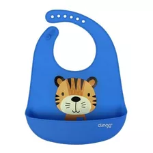 Babador De Silicone Com Bolso Coletor Tigre - Clingo Cor Azul Tigre Infantil Bebe Fecho Botões Ajustáveis 3+ Meses Tamanho 3-6 M