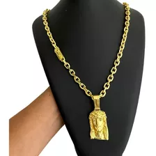 Cordão 8mm Cadeado + Pingente Jesus Banhado A Ouro 18k Luxo