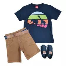 Conjunto Verão Camiseta Preta Safari Infantil Menino Roupa