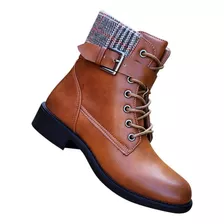 Botin Mujer De Cuero Pu Con Diseño Escoces Casual - 7146