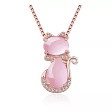 Colar Pedra Opala Pingente Gato Gatinho Rosa Rose Gold