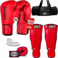 Kit Muay Thai Luva Vermelha Bandagem Bucal Caneleira 14oz