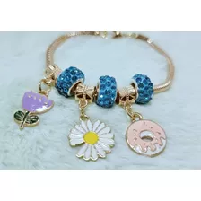 Pulsera Estilo Donas, Flores ,charm Celeste Para Niña.