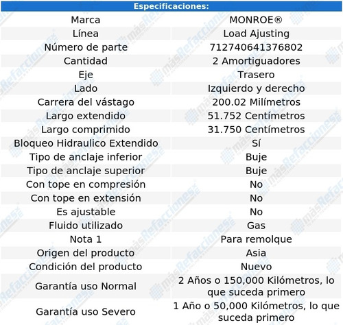 Par Amortiguadores Tra Gas Load Ajusting P15 Deluxe 46-48 Foto 3