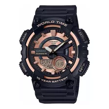 Relógio Casio Masculino Standard Aeq-110w-1a3vdf Correia Pretor Bisel Preto Fundo Preto/dourado