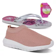 Kit Tênis Feminino Header Flat Conforto + Chinelo + Relógio