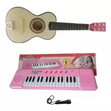 Kit Musical Piano Teclado + Mini Violão Infantil Menina Rosa