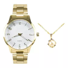 Relogio Feminino Dourado Aço Prova Dagua + Colar Ponto Luz