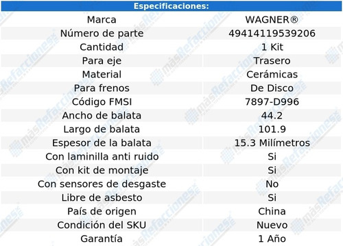 Kit De Balatas Ceramicas Tra Wagner Rx330 V 6 3.3l 04 Al 06 Foto 2