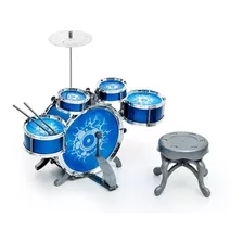 Bateria Infantil Rock Party Com Banquinho Banqueta Meninos Cor Azul