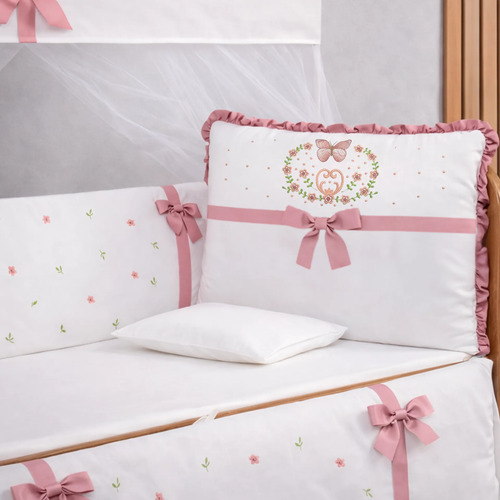 Kit Berço Menina Americano 10 Peças Laços Rose E Mosquiteiro Laço Rosê