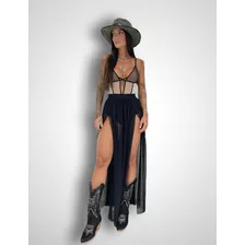 Conjunto Body Saia Longa Recorte Festival Fendas Tule Preto 